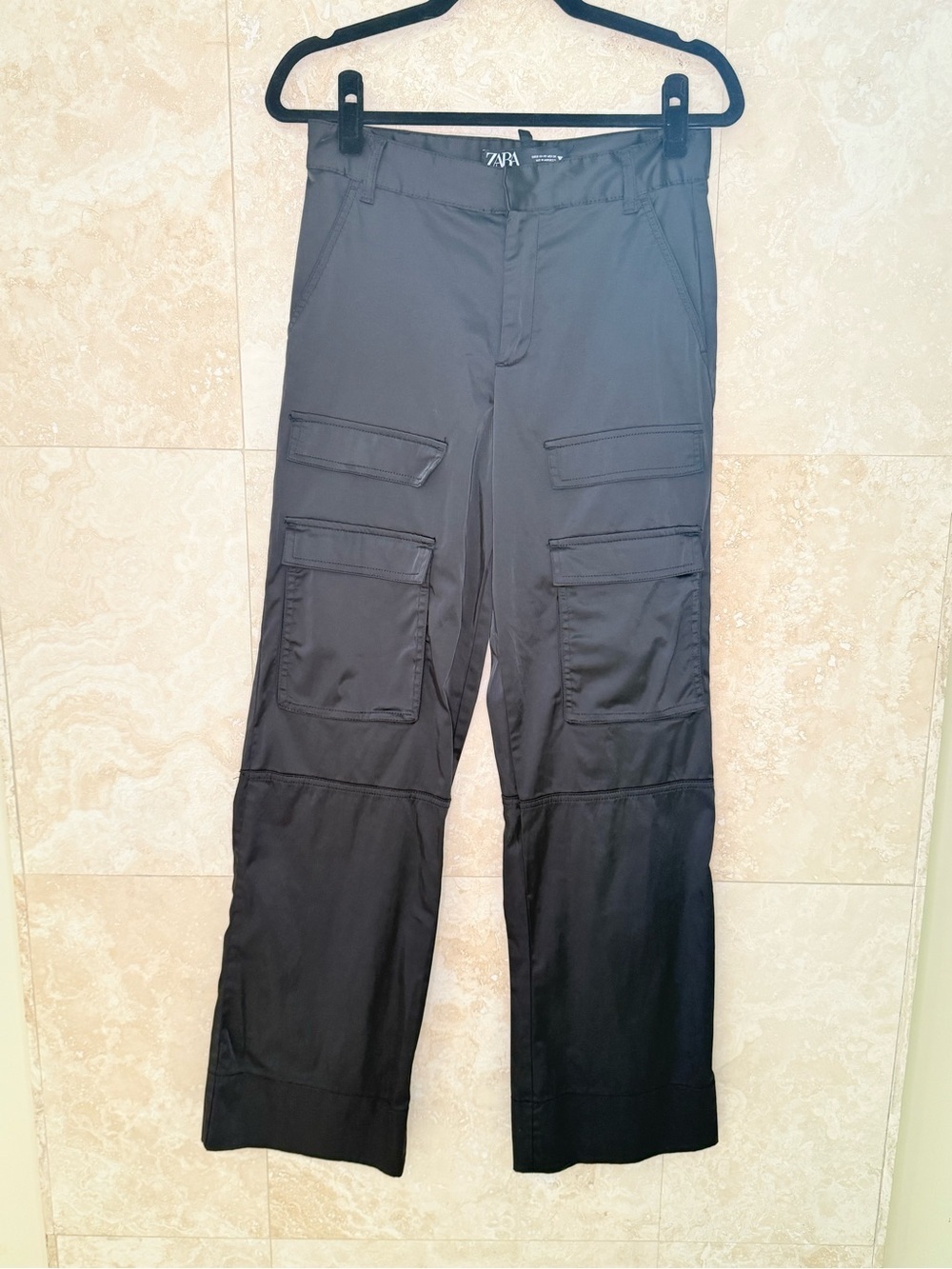 Zara Black Shiny Finish Cargo Pants Multiple Pockets Straight Leg Size XS EUC